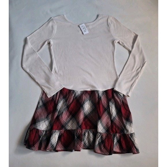 The Childrens Place Girls Christmas Long Sleeve Plaid Ribbed Drop Waist Dress 16 - Picture 2 of 9